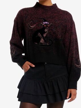 Hot Topic - Witch Cat Crewneck Sweater - Black & Plum - Small